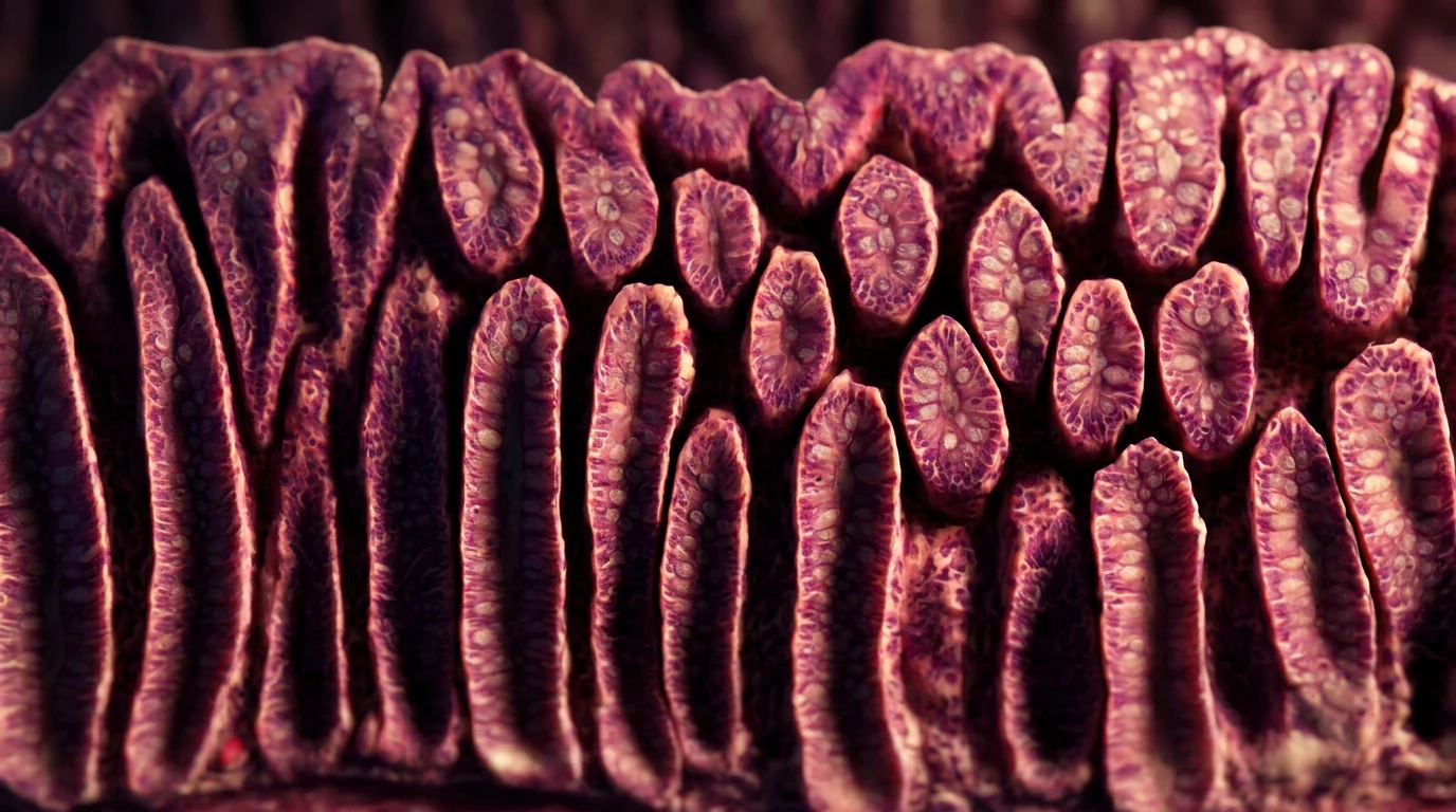 Mucosa sana del colon al microscopio: criptas alargadas, en fila y paralelas, como tubos de ensayo