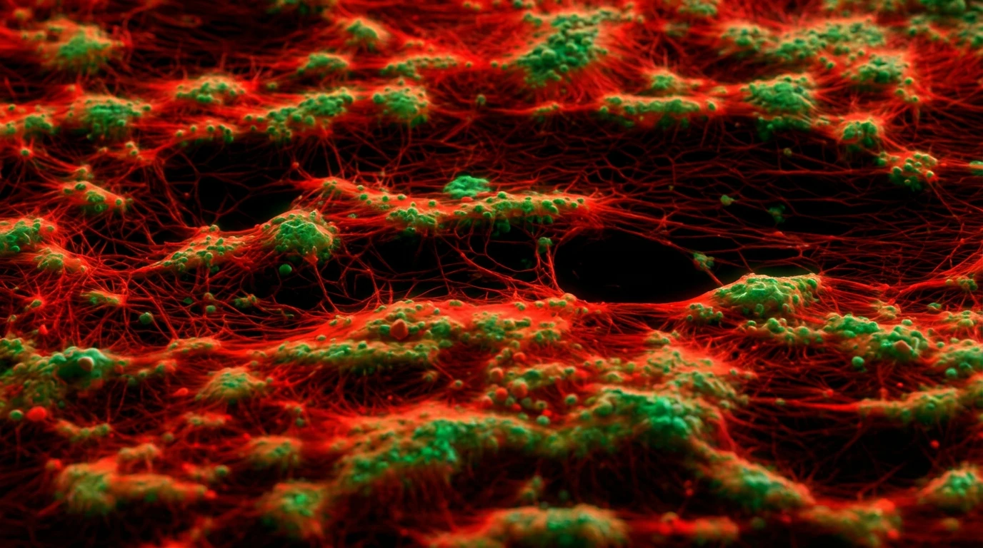 Coágulo de sangre humana al microscopio confocal: hilos rojos de fibrina envuelven grupos verdes de plaquetas