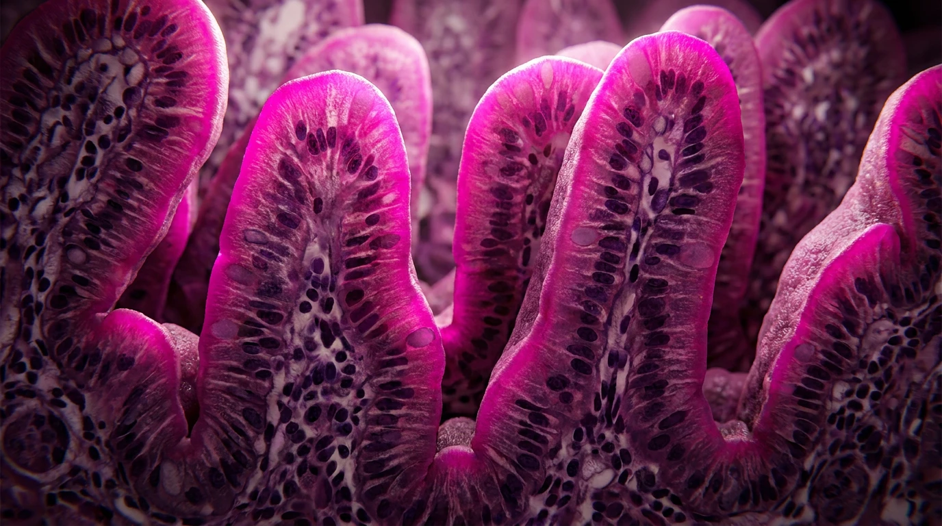 Micrografía de mucosa de duodeno humano: vellosidades en forma de dedos con su capa de células