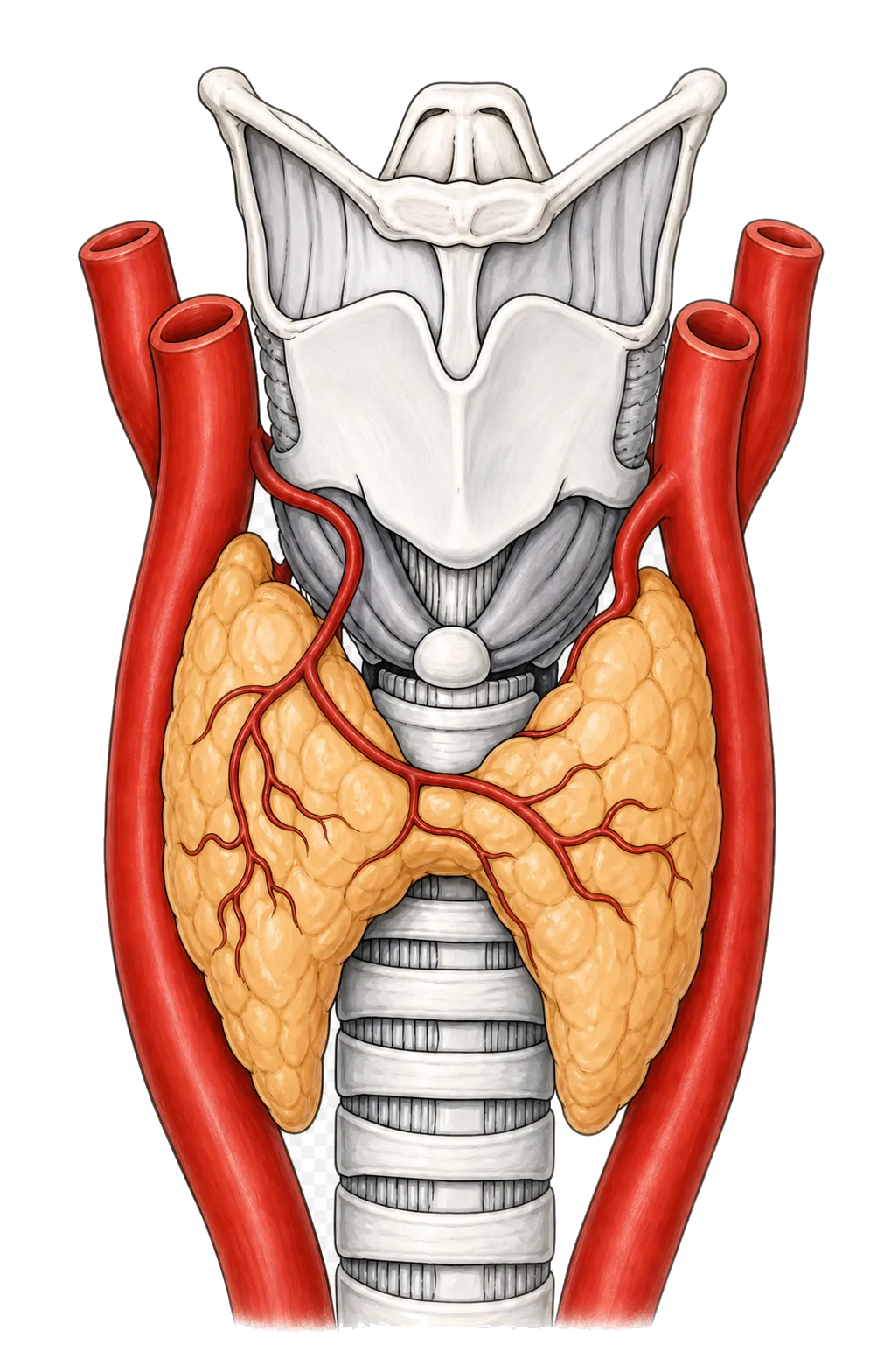 Ilustración del cuello con la tiroides frente a la tráquea, bajo la laringe, con sus vasos